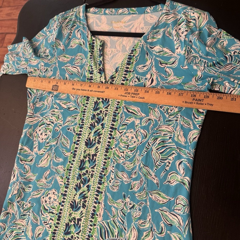Lilly Pulitzer Nadine Shirtdress Women Sz L Blue Green Floral Animal Split Neck - Picture 5 of 7